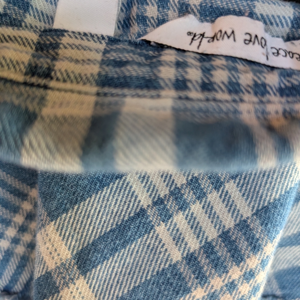 Peace Love World Lve Unites Us Blue and White Plaid Button Down Shirt - Picture 2 of 5